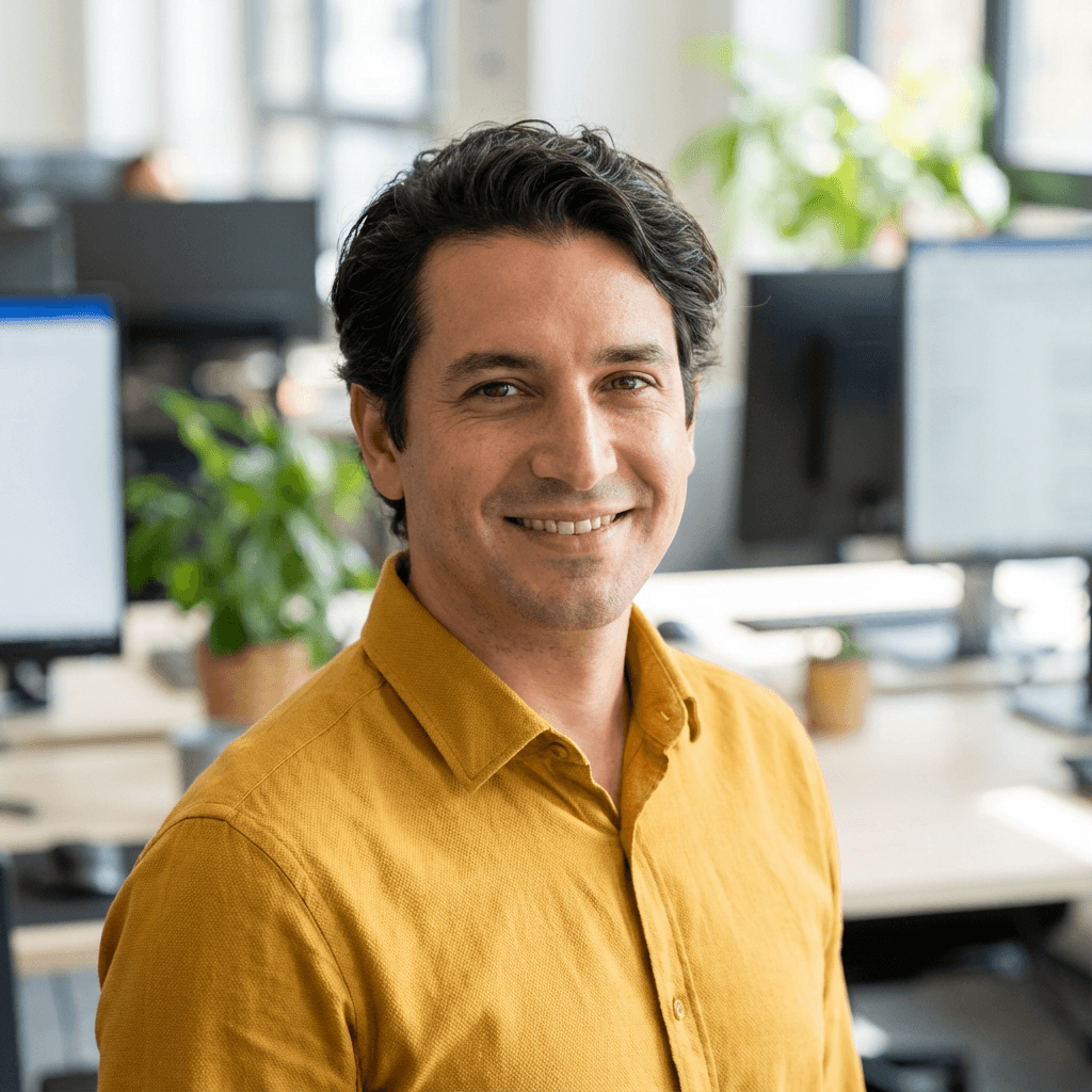 A male accountant with a welcoming expression in a modern accounting office