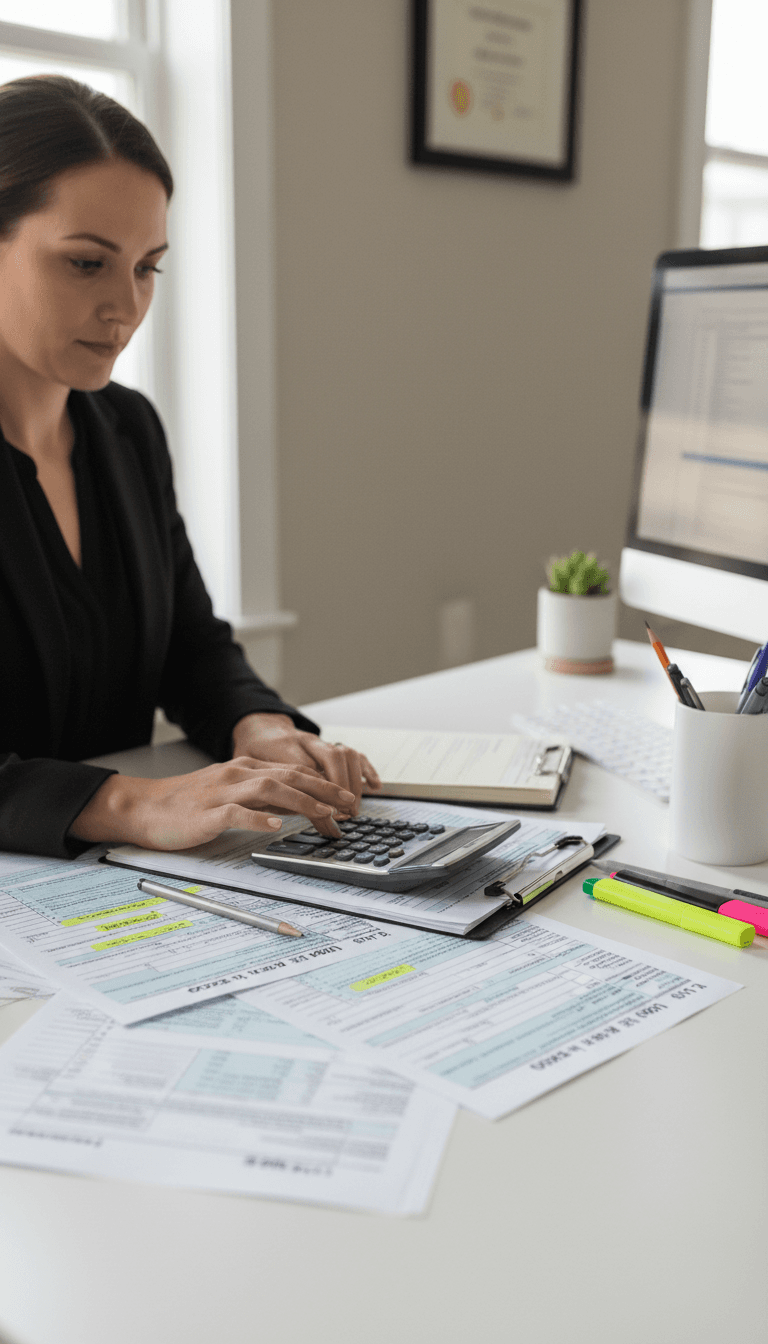 Professional accountant working on tax forms at a clean desk