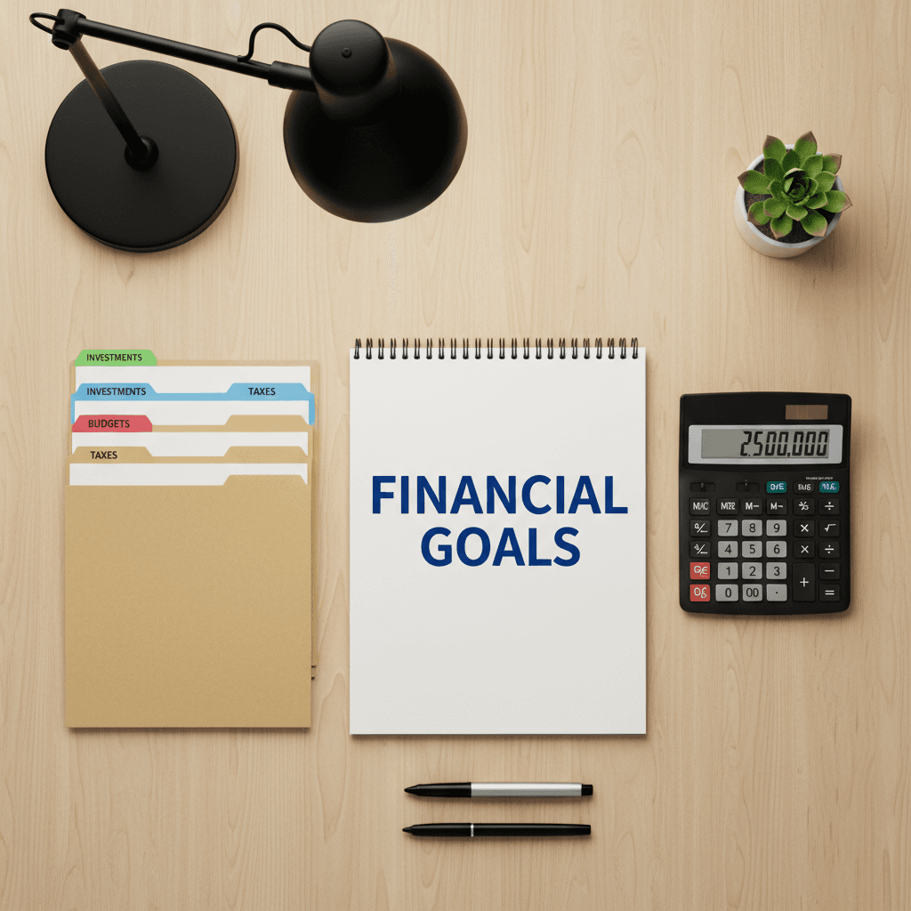 Organized desk with a notebook, calculator, and financial files