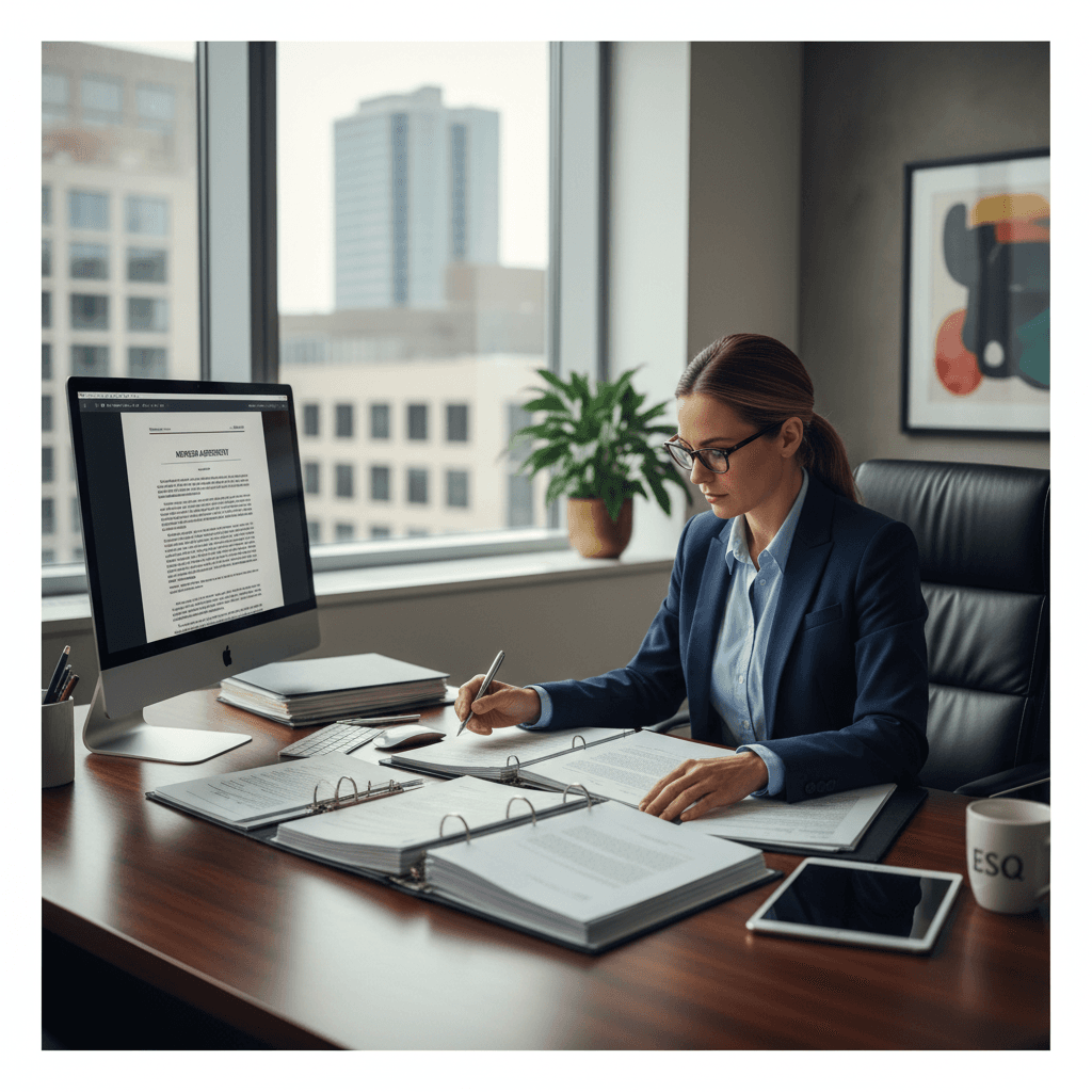 Professional reviewing legal documents in a modern office