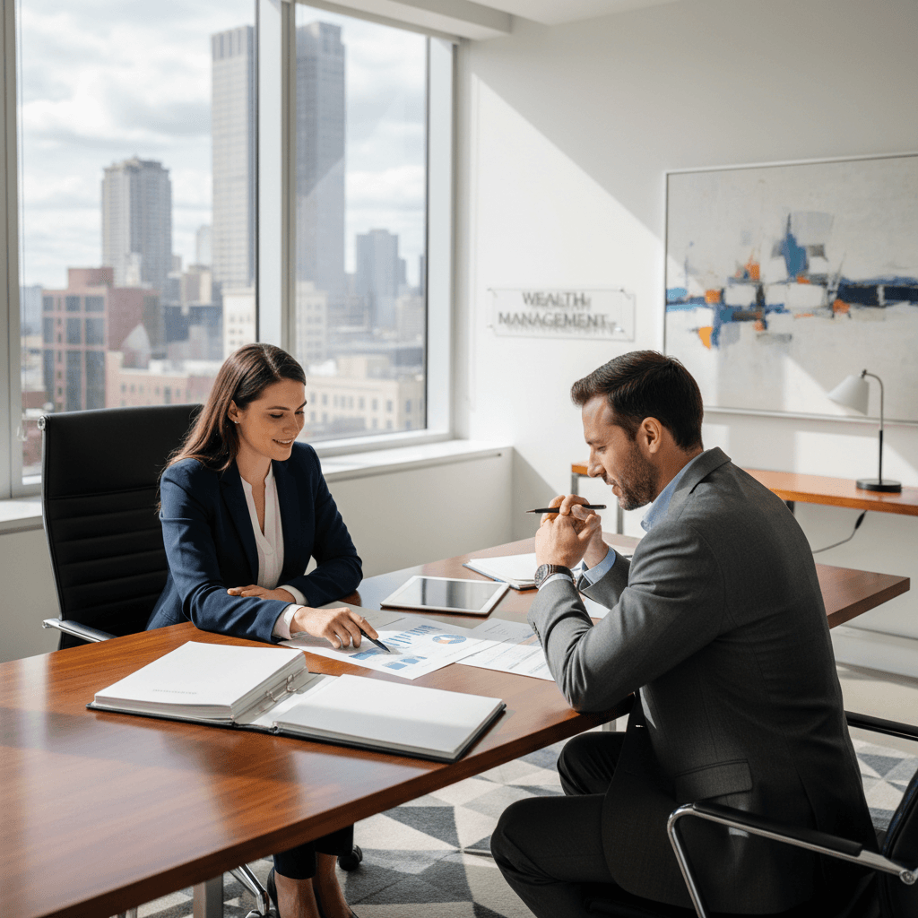 Financial advisor reviewing documents with a client in a modern office