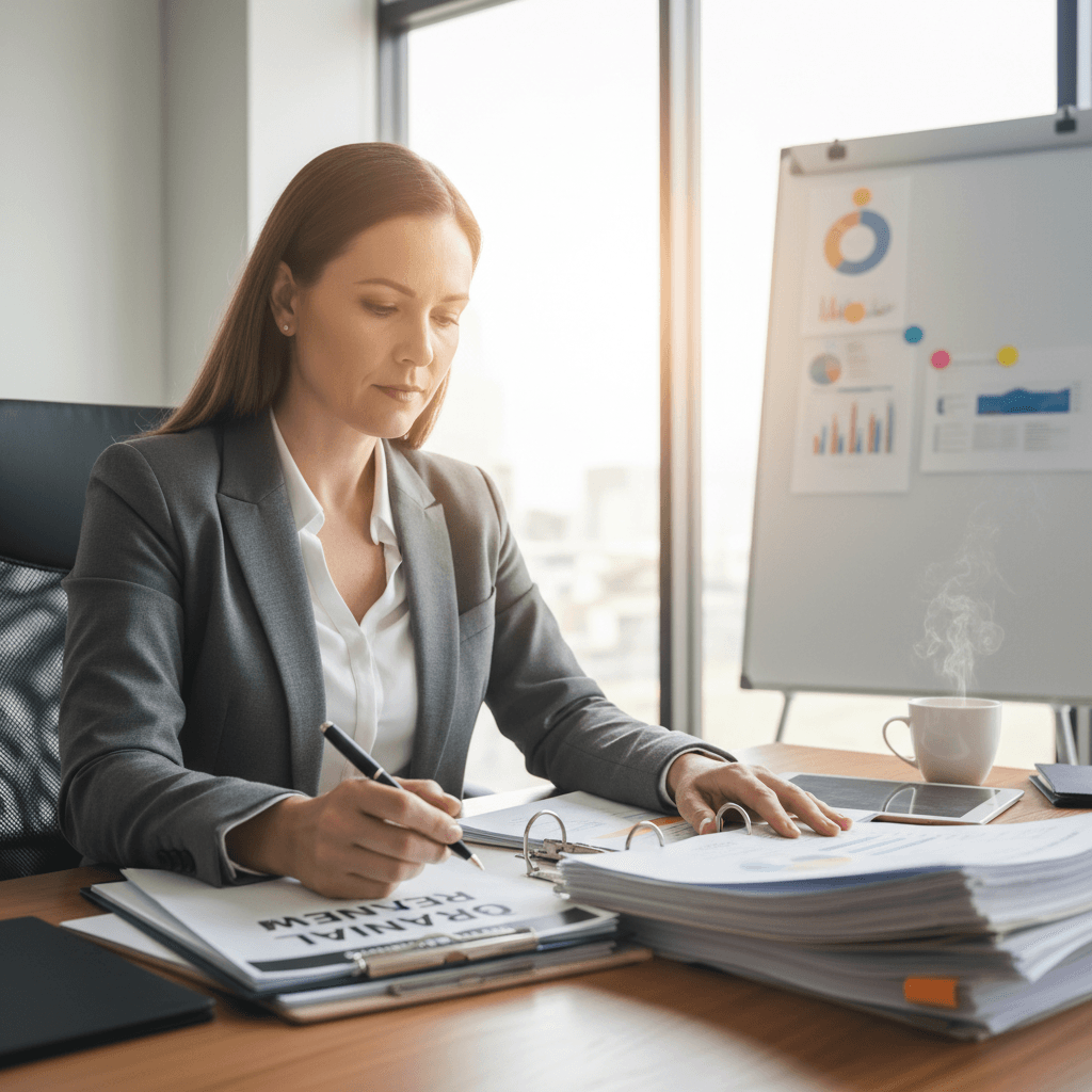 Business owner reviewing paperwork with a pen in a bright office