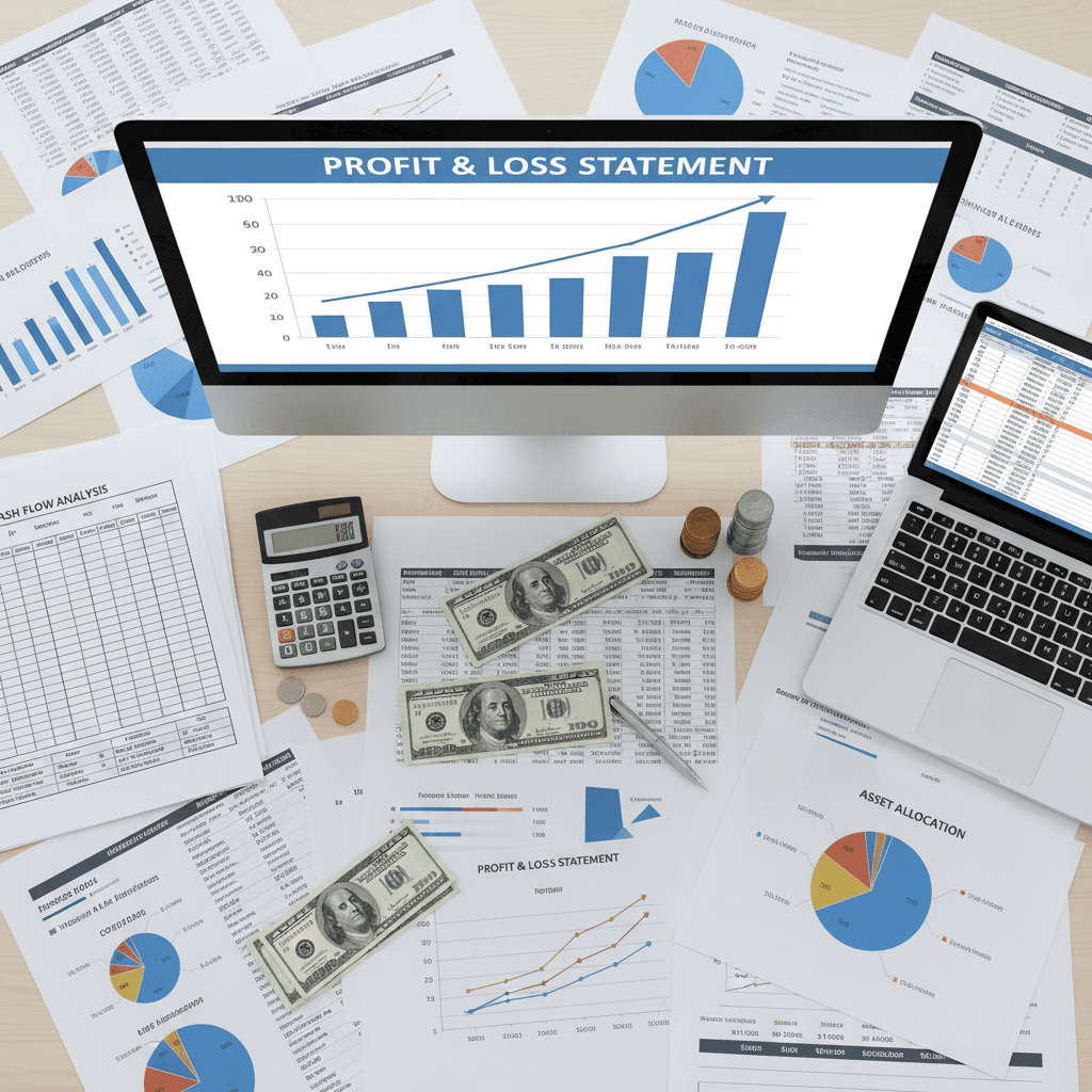 Financial charts and cash flow documents spread on an accountant's desk