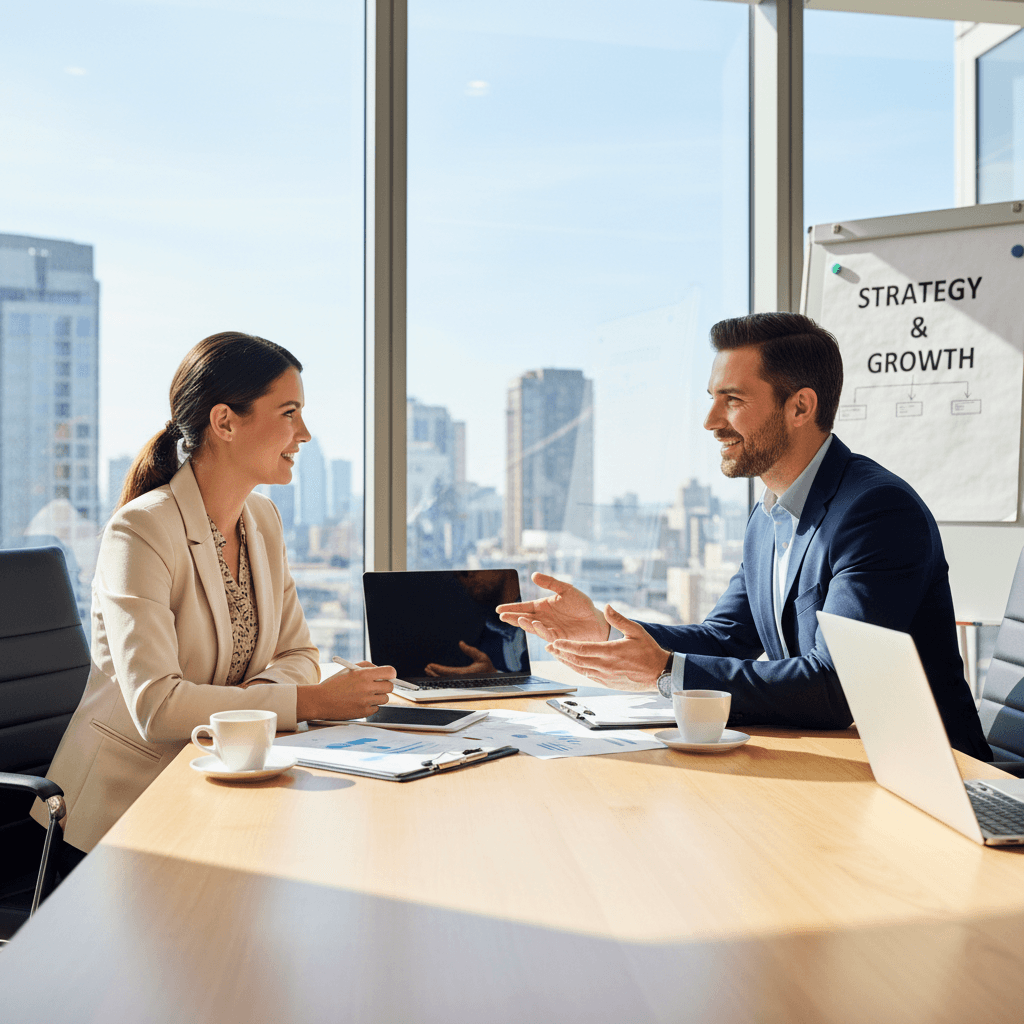 Consultant having a direct conversation with a client in an office