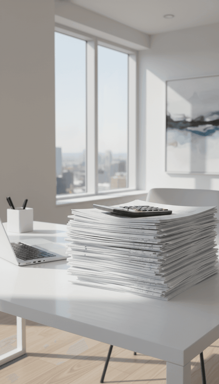 Stack of financial documents with calculator on clean desk