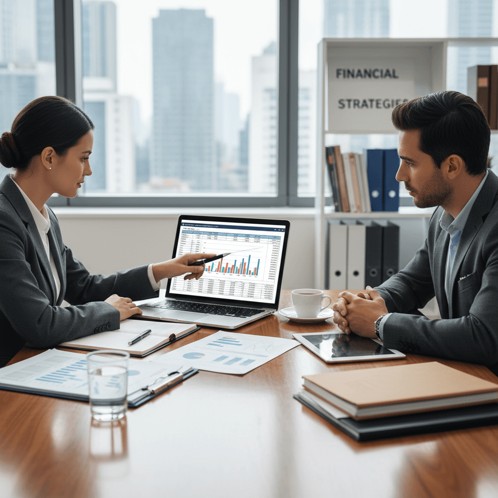 Accountant meeting with a client around a table with a laptop and documents