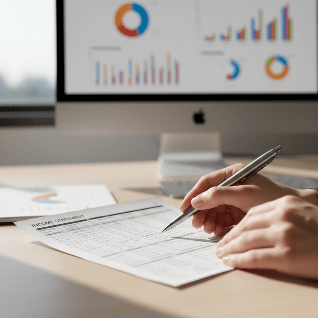 Professional accountant reviewing financial documents at a clean modern desk