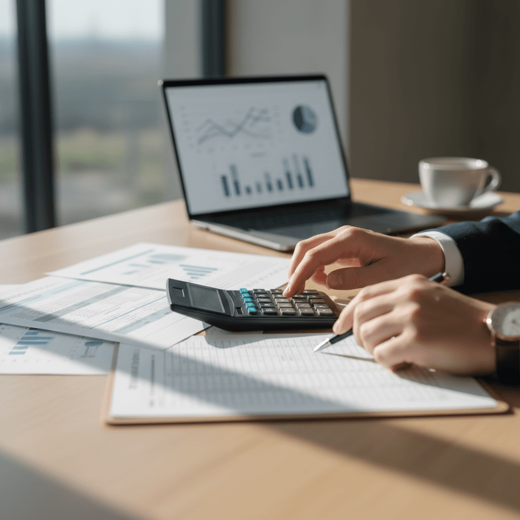Accountant at desk reviewing documents and financial reports
