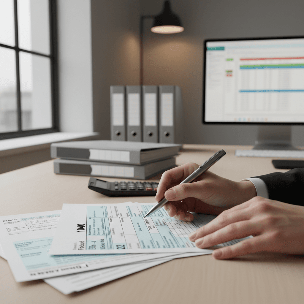 Calculator and tax forms on a desk