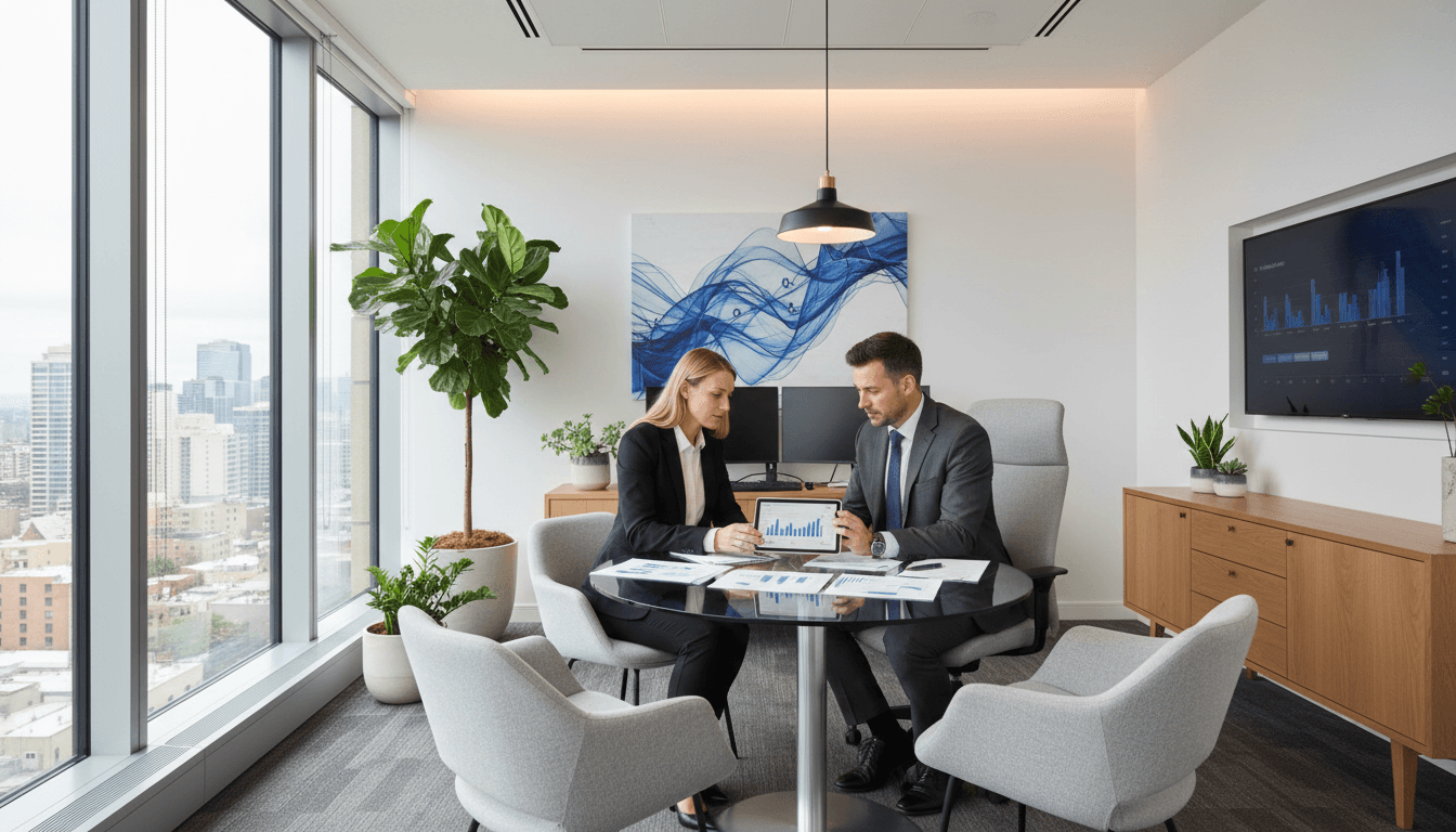 Accountant reviewing financial documents with a client in a modern office