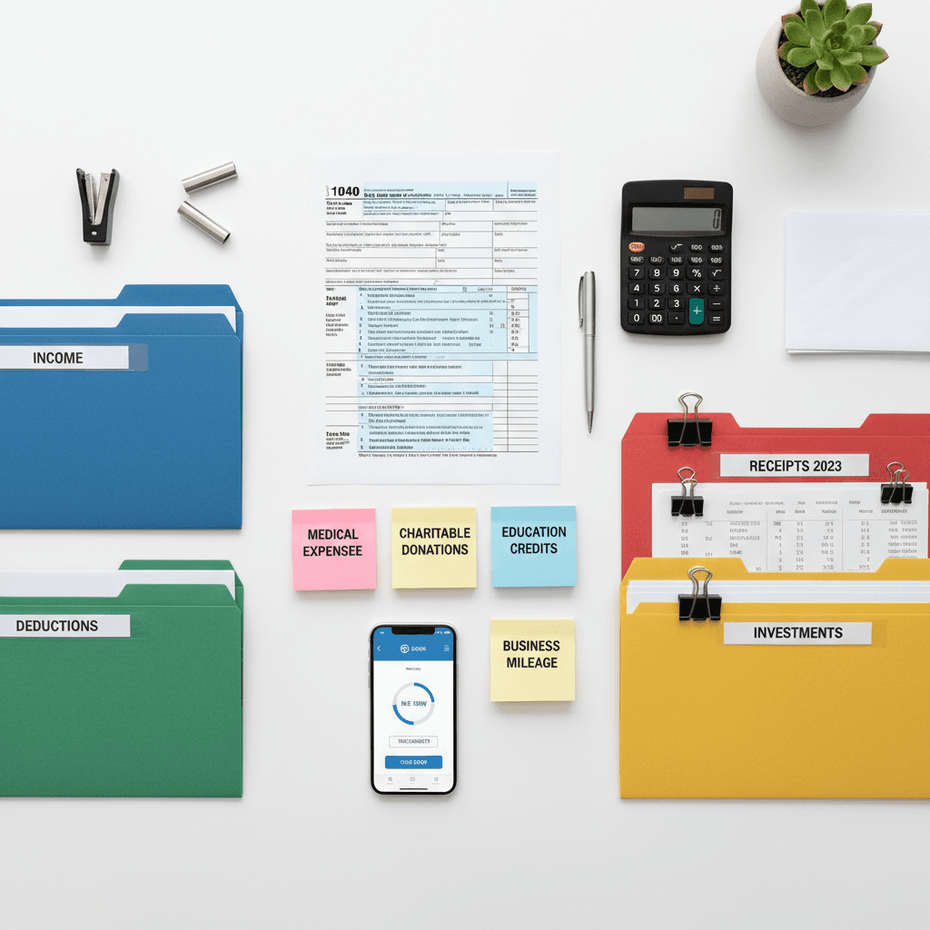 Calculator and neatly stacked tax forms on an organized office desk