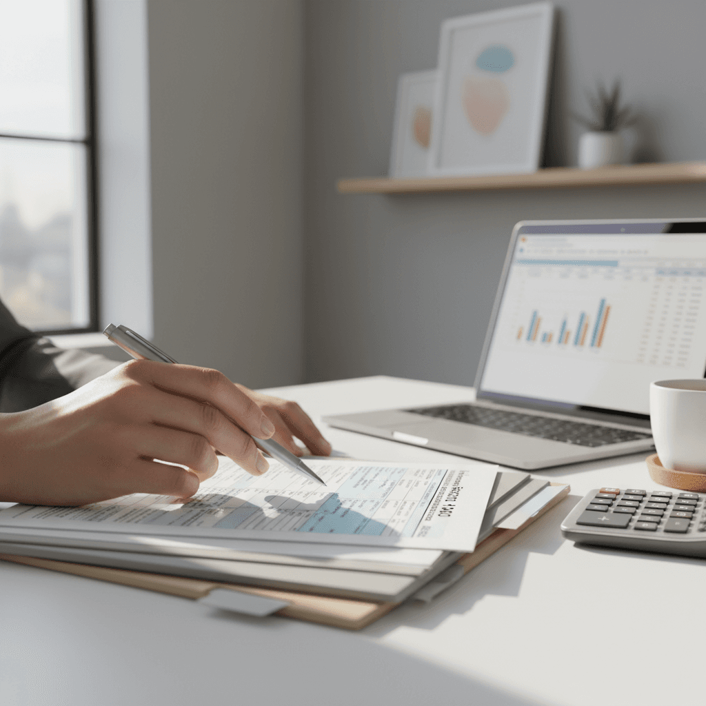 Accountant working through tax forms with a calculator